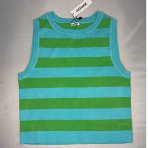 Garage Striped Knit Sweater Vest Teal Blue Lime Green Sleeveless Crop Top Large